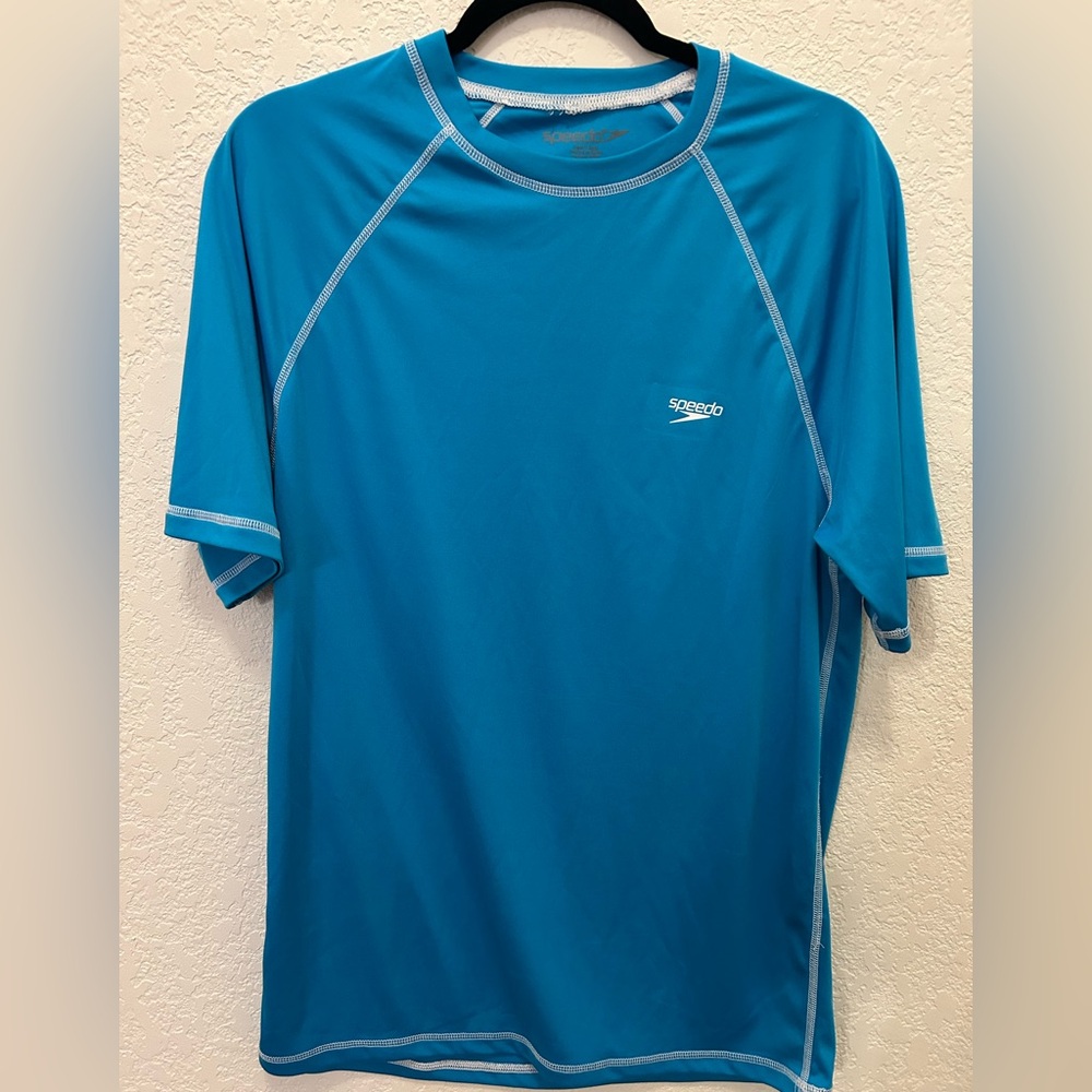 Speedo Men’s Teal-Blue Short Sleeve Rash Guard Swim Top, Size Medium